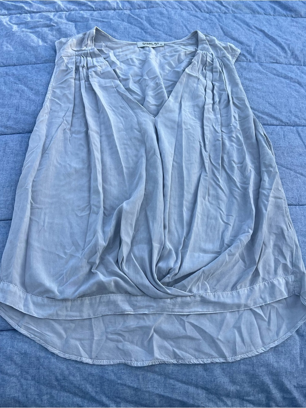 Sam & Lavi Pale Gray Draped V-Neck Blouse Sleeveless Size Medium